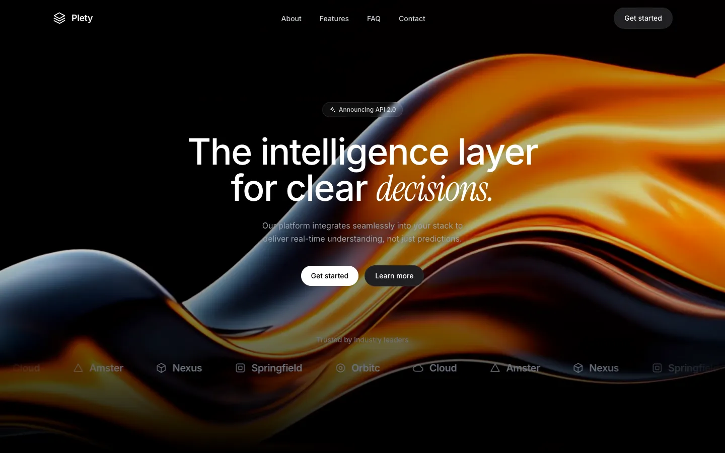 Plety 首屏：黑底上流动的橙色 3D 丝带，标题 The intelligence layer for clear decisions